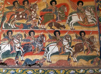 Ritter mit Lanzen, Gemälde im Ura Kidane Meret Kloster (17. Jahrhundert), Greater Bahar Dar, Zege-Halbinsel, Äthiopien (Detail)