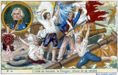 Admiral Villaret (1750-1812), dargestellt im Medaillon, lieferte 1794 die Seeschlacht von Ouessant gegen den Engländer Howe.