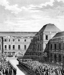 Fest gegeben von Napoleon I. Bonaparte (1769-1821) im Palais national du Directoire (Palais du Luxembourg) in Paris nach dem Vertrag von Campo Formio am 20. Frimaire Jahr VI (10. Dezember 1797). Paris, Bibliothek des Instituts für Revolutionsgeschichte