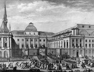 Französische Revolution: Pariser Rathaus, Parlament im November 1790 auf der Île de la Cité unter dem Vorsitz von Jean Baptiste Gaspard Bochart de Saron. Paris, Bibliothek des Instituts für Revolutionsgeschichte