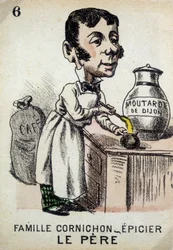 Spiel der sieben Familien: Der Vater der Familie Cornichon bereitet Dijon-Senf zu. Musée de la Carte à Jouer, Issy-les-Moulineaux