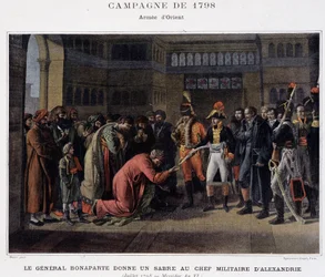 General Bonaparte überreicht dem Militärführer von Alexandria einen Degen - in „Siege und Eroberungen der französischen Armeen“, Paris, o. J.