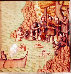 Indianer aus der Magellanstraße mit französischen Entdeckern, Illustration aus dem 