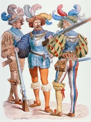 Deutsche Soldaten des 16. Jahrhunderts, bewaffnet mit Luntenschlossmusketen