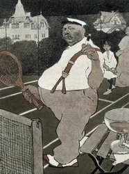 Tennis: dicker Mann, rauchend und Alkohol trinkend, spielt Tennis - deutsche Karikatur