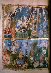 Szenen aus dem Leben des heiligen Cyprian. Miniatur in „Homelies. Orationes“ des heiligen Gregor von Nazianz (oder Naziance) (328-390), 879-882. Griechische Handschrift. Paris, NL