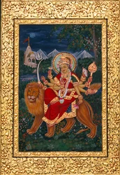 Göttin Durga Miniaturmalerei mit goldenem Rahmen