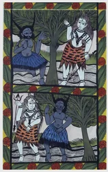 Kama, Gott der Begierde, schickt einen Liebespfeil zu Shiva in Meditation, um sich mit Parvati zu vereinen. Pat: bemalte Rolle aus der Region Bengalen, dient als Erzählmedium für die Sänger Baoul (Baul). Leonard de Selva Privatsammlung.