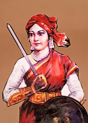 Porträt von Rani Laxmibai Königin von Jhansi, große Freiheitskämpferin des ersten Unabhängigkeitskrieges Indiens 1857-58 (Farblithografie)