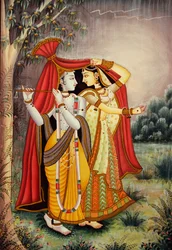 Radha Krishna Miniaturmalerei im Monsun auf Papier