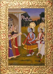 Radha Krishna Miniaturmalerei auf Papier mit Goldprägung