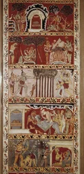 Szenen aus dem Ramayana, einem im 6. Jahrhundert von Valmiki verfassten Epos, das die Legende von Rama erzählt. Westbengalen. Victoria & Albert Library. London