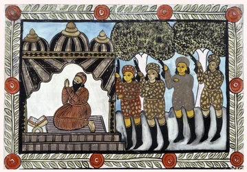 Die Geschichte der Anschläge vom 11. September 2001 erzählt von den Baul-Händlern aus Bengalen. Malerei, Serie, Nummer 1/9, Bengalen.