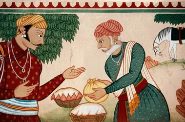 Wandmalerei des Feilschens, Jaipur, Rajasthan, Indien