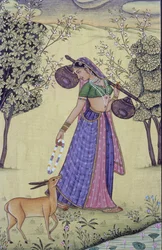 Frau mit Rudra Veena und Blumengirlande Miniaturmalerei, Indien