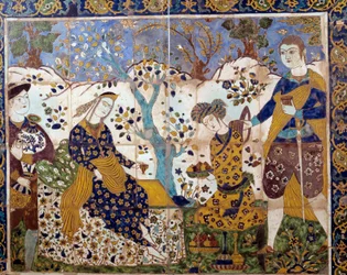 Iranische Kunst: Detail eines Azulejo, das einen portugiesischen Missionar unter den Persern darstellt