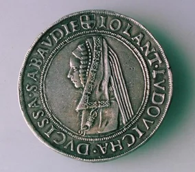 4-Teston-Münze (Rückseite) von Philibert II. von Savoyen (1497-1504), die seine Frau Iolanta Ludovica darstellt