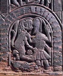 Detail einer Löwenjagd von einer mittelalterlichen Truhe (Holz)
