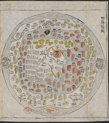 Eine koreanische Weltkarte, gedruckt und handkoloriert, aus einem Atlas Koreas mit vorangestellten Karten der Welt, Chinas, Japans und der Ryukyu-Inseln