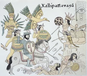Kampf zwischen Spaniern und Azteken in der Schlacht von Xallipatlavaya, Illustration aus einer Faksimile einer mexikanischen indianischen Bildgeschichte 