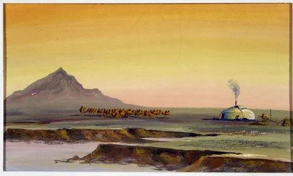 Kamelherde und Jurte, Mongolei - Mongolische Aquarell