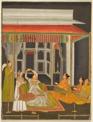 Eine Prinzessin auf einer Terrasse mit Begleitern bei Nacht (recto); Kalligraphie (verso), um 1760