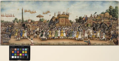 Akbar Shah II reitet auf einem Elefanten in einer großen Prozession, ca. 1835