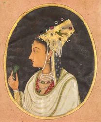 Ovales Porträt einer Frau in einem Chaghtai-Hut, ca. 1740-50