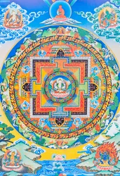 Chenresi Mandala; die zentrale Figur stellt den Buddha des Mitgefühls dar, die himmlische Manifestation des Amitava Buddha, der immer in der Nähe leidender Wesen ist