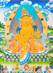 Bild, das Dzambhala darstellt, der gelbe Dzambhala ist die Manifestation des Buddha Ratnasambhava, der Reichtum in der materialistischen Welt symbolisiert