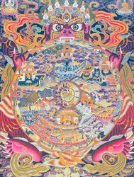 Bild des Lebensrades, das den Kalachakra oder das verblendete Dasein im Mund von Yama, dem Gott des Todes, darstellt, der Geburt, Tod und Wiedergeburt repräsentiert