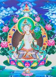 Weiße Tara, die siebenäugige göttliche Mutter auf einer Lotusblume, mit ihrer rechten Hand in Varada Mudra Position, symbolisiert Großzügigkeit (Darstellung)