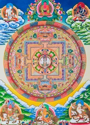 Mandala mit tausendarmigem Avalokiteshvara; der heilige, magische Kreis, der den elfköpfigen Bodhisattva darstellt, der unendliches Mitgefühl symbolisiert