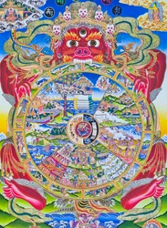 Rad des Lebens Mandala, das Kalachakra oder das getäuschte Dasein darstellt, gehalten im Mund von Yama, dem Gott des Todes, der Geburt, Tod und Wiedergeburt repräsentiert