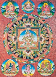 Weißes Tara Mandala; die siebenäugige weibliche Gottheit des buddhistischen Pantheons, die die Göttin des Mitgefühls und die Beschützerin der Menschen darstellt
