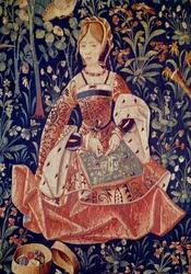 Wandteppich des seigneurialen Lebens: Stickerei, Detail, Woll- und Seidentapisserie um 1520 in den Niederlanden gefertigt