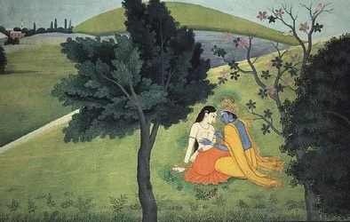 Krishna schmückt Radhas Brust, aus der Serie „Gita Govinda“, entweder Kushala oder Gaudhu zugeschrieben, Kangra, Himachal Pradesh, um 1780