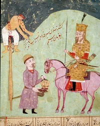 Islamische Kunst: Ein Feind wird gepfählt und enthauptet. Persische Miniatur aus einer Handschrift des epischen Gedichts „Schahname“ (Schah Nama, Schahnama) (Buch der Könige) von Firdausi (Firdausi oder Ferdawsi oder Firdousi, ca. 940-um 1020). Biblioteca