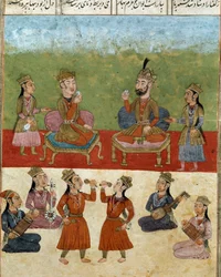 Islamische Kunst: Konzert und Unterhaltung in einem Harem. Persische Miniatur aus einer Handschrift des epischen Gedichts „Schahname“ (Schah Nama, Schahnama) (Buch der Könige) von Firdausi (Firdawsi, Ferdawsi oder Firdousi, ca. 940 bis um 1020)