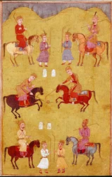 Islamische Kunst: das Polospiel. Persische Miniatur aus einer Handschrift des epischen Gedichts „Schāhnāme“ (Schah Nama, Schahnama) (Buch der Könige) von Firdausi (Firdawsi, Ferdawsi oder Firdousi, ca. 940 bis etwa 1020), Biblioteca Nazionale, Neapel