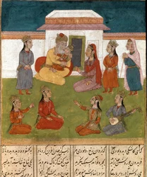 Persische Miniatur mit einer Haremszene aus einer Handschrift des epischen Gedichts „Schahname“ (Schah Nama, Schahnama) (Buch der Könige) von Firdausi (Firdawsi, Ferdawsi oder Firdousi, ca. 940 bis um 1020), Biblioteca Nazionale, Neapel