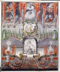 Feuerwerk und Beleuchtung am 17. September 1747 in Gostilizy (Russland). Anonymes Werk, kolorierter Kupferstich, Mitte des 18. Jahrhunderts. Russische Kunst