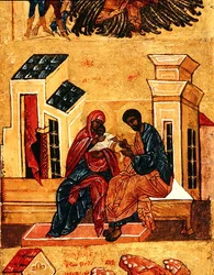 Ikone, die die Jungfrau mit ihren Eltern Joachim und Anna darstellt, ca. 1550 (Detail)