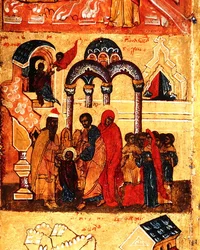 Ikone, die die Kindheit der Jungfrau und ihre Weihe an Gott zeigt, ca. 1550 (Detail)