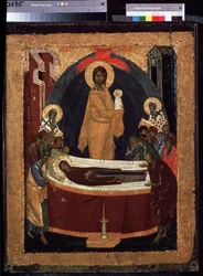 Die Entschlafung der Jungfrau. Der Tod der Jungfrau, auf einem Bett liegend, umgeben von den Aposteln, über ihr Christus, der ihre Seele in Form eines weiß gekleideten Kindes trägt. Gemälde von Theophanes der Grieche (um 1340-um 1410)
