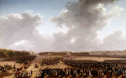 Parade auf dem Marsfeld, im Vordergrund Alexander Puschkin und Nikolaus I. auf einem Pferd