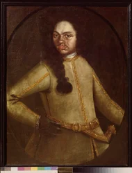 Porträt eines Mannes in der Uniform der Rekruten des Regiments von Peter I.