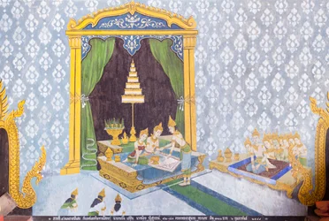Fresko, das eine Szene aus dem Leben Buddhas darstellt, Wat Phra That Doi Suthep Tempel