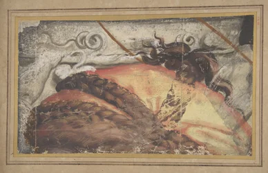 Wandteppich-Kartonfragment: Der obere Teil des Kopfes einer Frau mit über ein Tuch geflochtenem Haar..., 1500-50