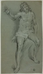 Sitzender männlicher Akt (recto); Skizzen von Hand und Jungenkopf (verso)